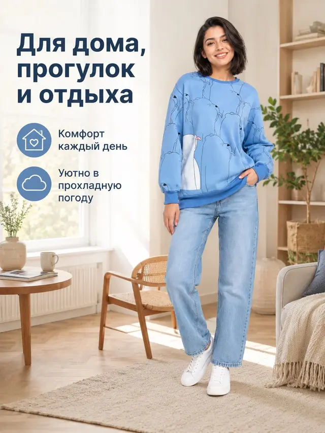Свитшот женский с начесом оверсайз, без капюшона, кофта с принтом, толстовка без карманов — фото 2