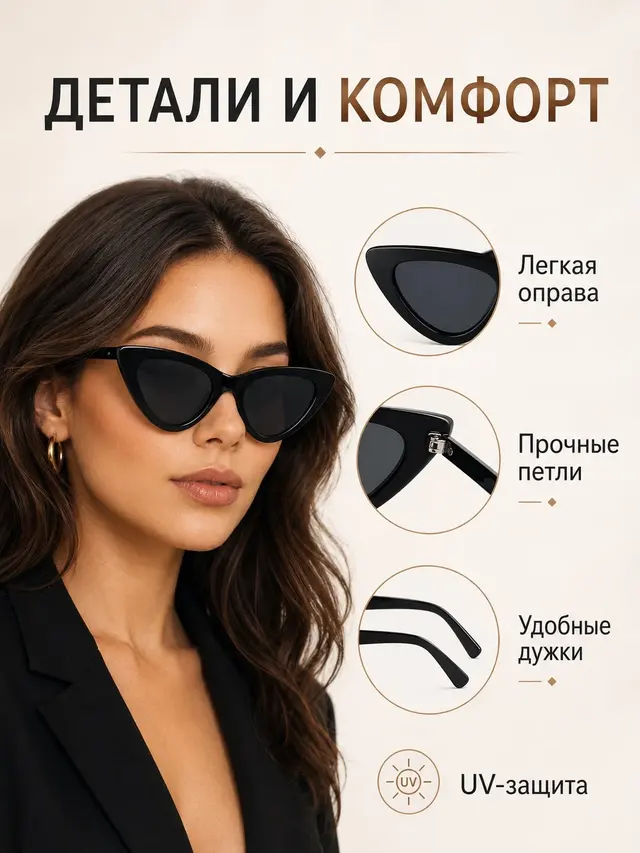 Стильные солнцезащитные очки в форме "Кошачий глаз", с защитой от УФ-лучей — фото 2