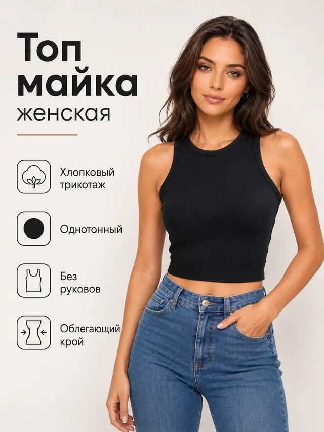 Топ женский хлопковый / майка женская базовая / кроп-топ однотонный / топ без рукавов