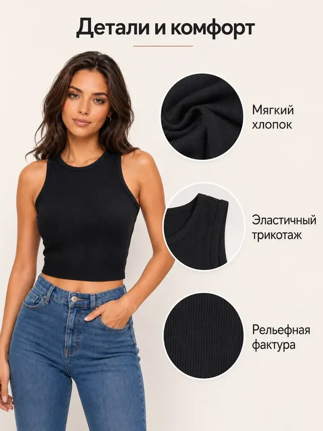Топ женский хлопковый / майка женская базовая / кроп-топ однотонный / топ без рукавов — фото 2