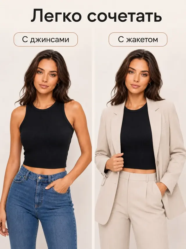 Топ женский хлопковый / майка женская базовая / кроп-топ однотонный / топ без рукавов — фото 3