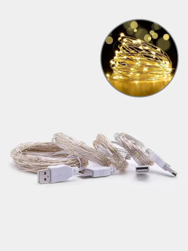 Гирлянда медная светодиодная LED, USB питание — фото 2