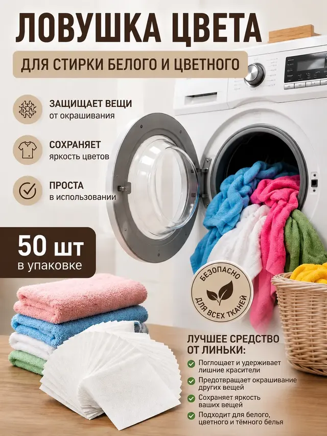 Салфетки для стирки от окрашивания, 50 шт,ловушки цвета от линьки, для цветного и белого — фото 4
