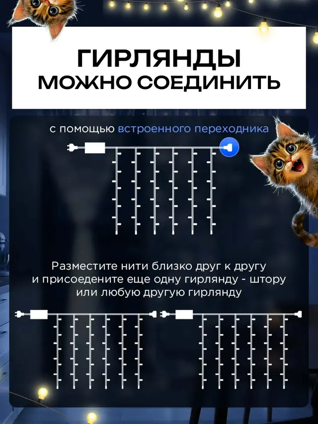 Новогодняя светодиодная LED гирлянда штора, 1,5*1,5 м, 4 цвета — фото 3