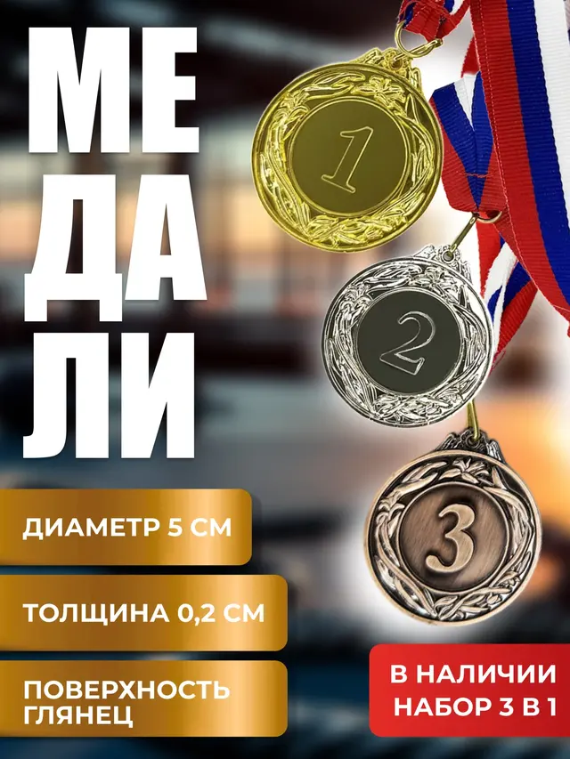 Медаль призовая 5,3 см на ленте, металл, 1-2-3 место, золото, серебро, бронза