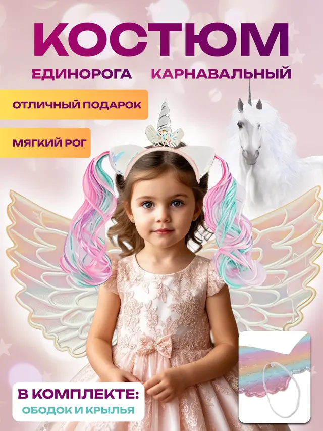 Карнавальный костюм Единорога, ободок для волос и крылья