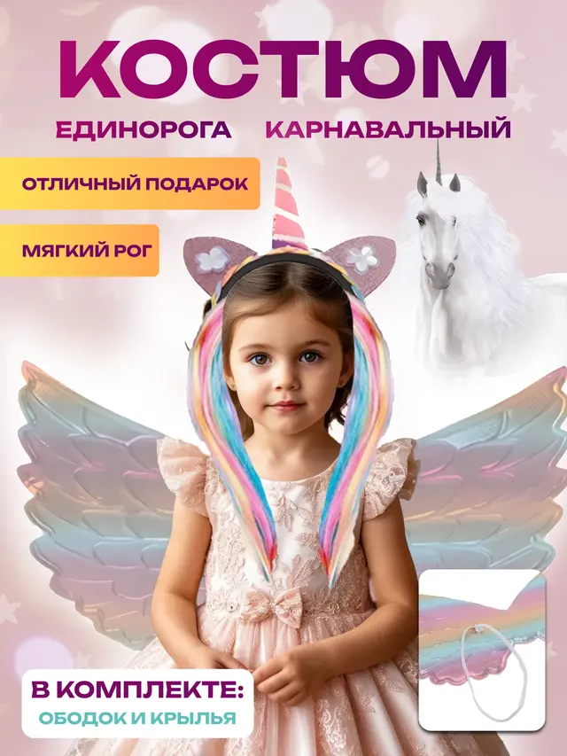 Карнавальный костюм Единорога, ободок для волос и крылья — фото 3